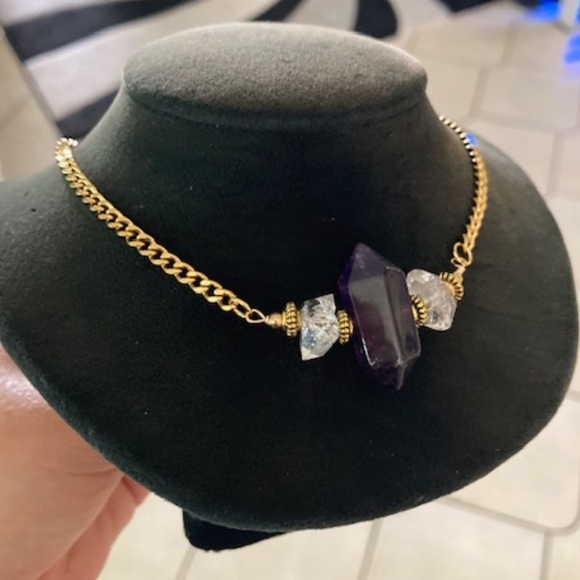 Genuine double point amethyst crystal & herkimer diamonds gold boho necklace - Picture 10 of 11